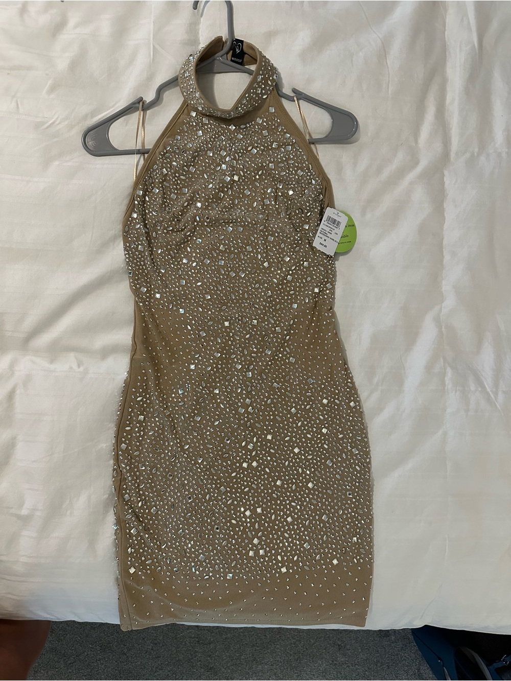 Windsor Nude Beaded Halter Mini Dress